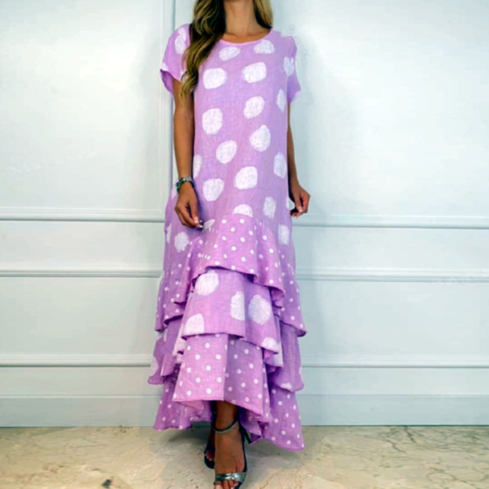 Women Casual Print Loose Cotton Linen O-Neck Maxi Dress