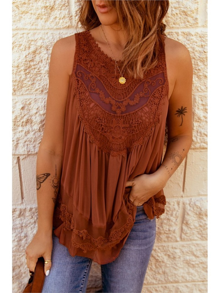 Women Round Neck Loose Casual Pullover Boho Tank T-Shirts