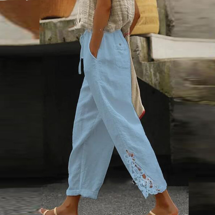 Vintage Casual Fashion Loose Pocket Cotton Linen Patchwork Pants