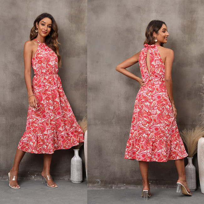 New Women's Sleeveless Halter Floral Midi Dress