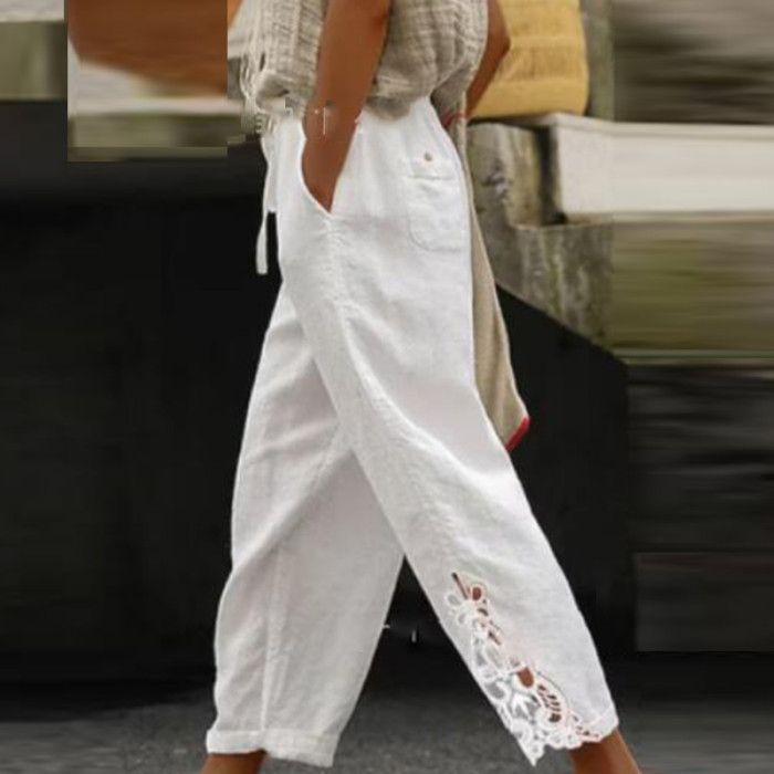 Vintage Casual Fashion Loose Pocket Cotton Linen Patchwork Pants