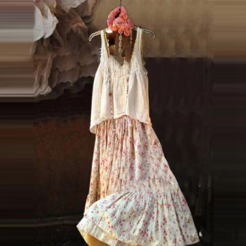 Women Fashion Floral Print Vintage Party Sleeveless Cotton Linen Maxi Dress