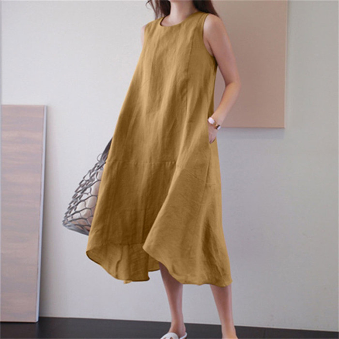 Women Vintage Cotton Linen Pocket Round Neck Solid Color Sleeveless Maxi Dress