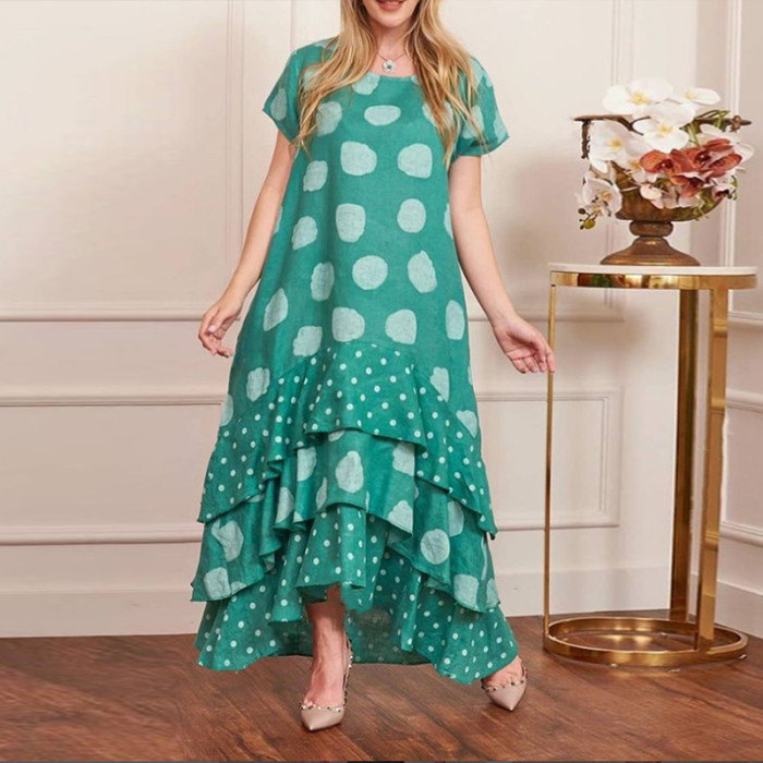 Women Casual Print Loose Cotton Linen O-Neck Maxi Dress