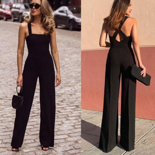 New Casual Chic Open-back Black Thin Wide-leg Jumpsuit