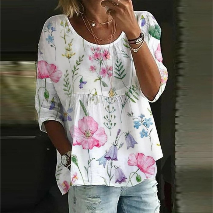 Woman Fashion Loose Elegant Round-Neck Print Casual Shirt