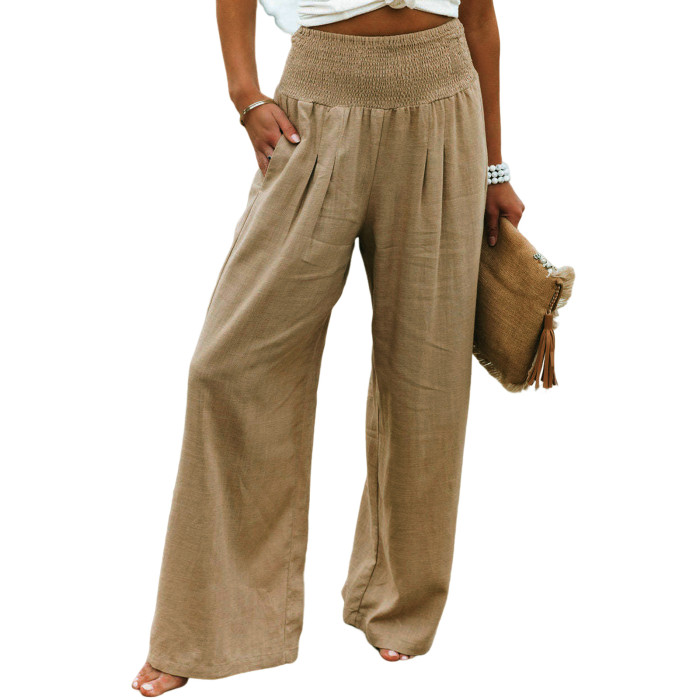Women Cotton Linen Loose Waist Pleated Solid Color Casual Pants