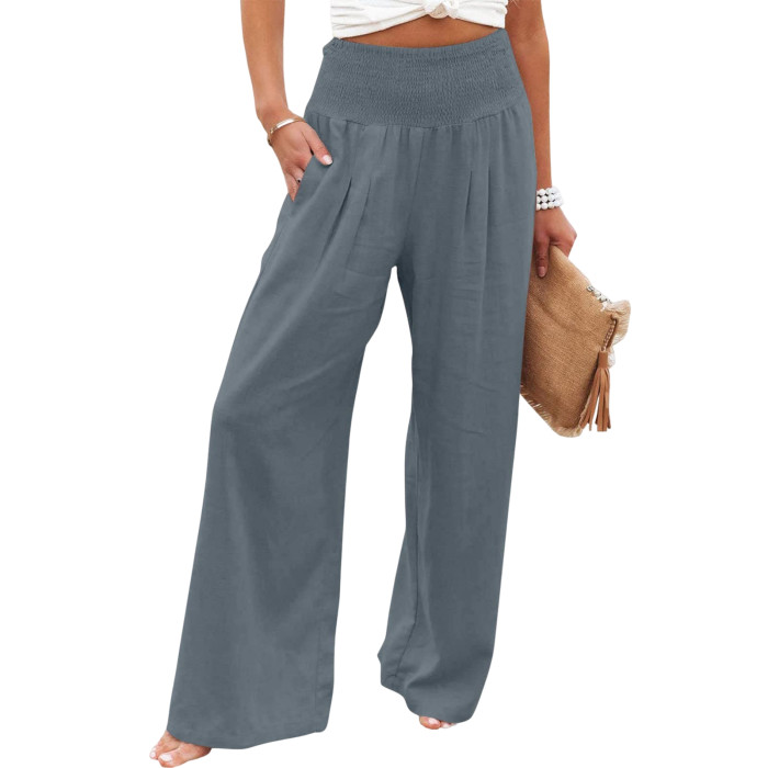 Women Cotton Linen Loose Waist Pleated Solid Color Casual Pants