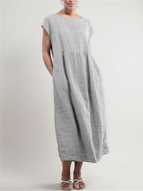 Women Short Sleeve O-Neck Loose Casual Plus Size Solid Color Cotton Linen Midi Dress