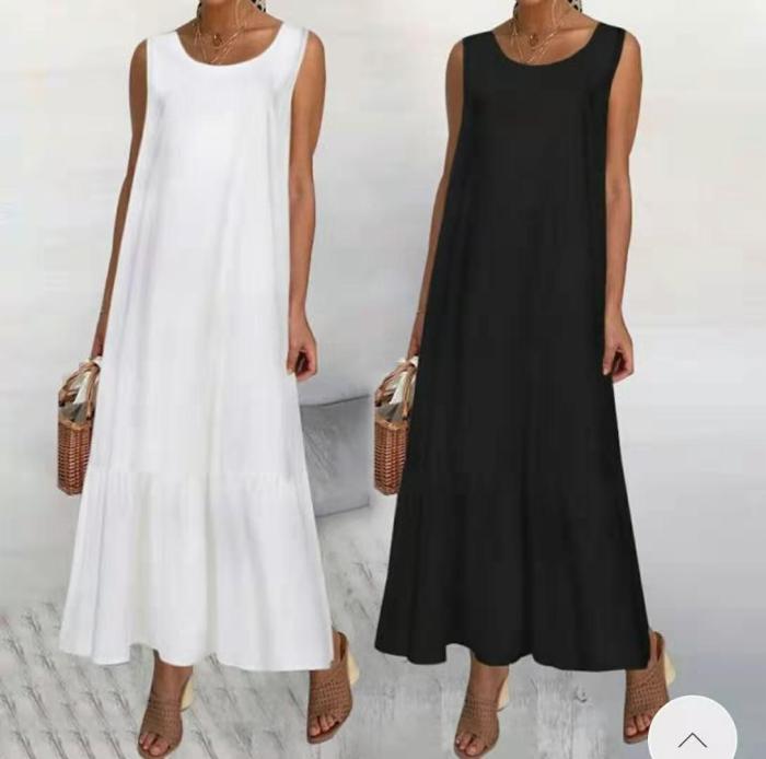 Women's White Vintage Casual Cotton Linen Vest Sleeveless Large Size Loose Maxi Dress
