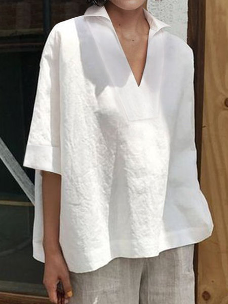Women's V-neck Short Sleeve Loose Casual Fashion Cotton Linen Oversize Blouse
