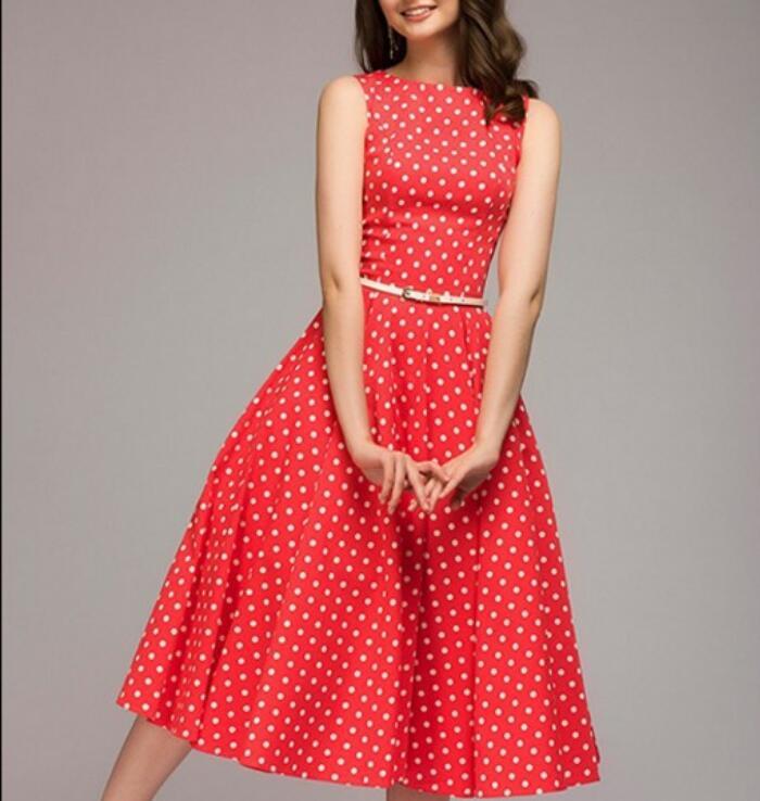 Women Elegant Casual Sleeveless O-neck Dot Print 1950 Vintage Dress