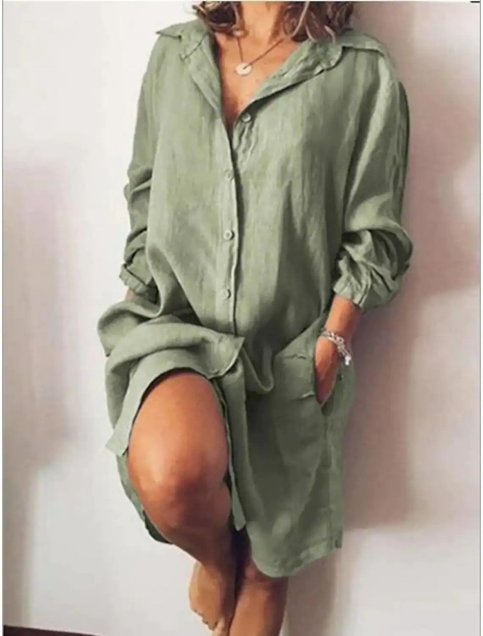 Women Fashion Elegant Solid Color Cotton Linen Loose Knee-Length Long Sleeves Casual Dress