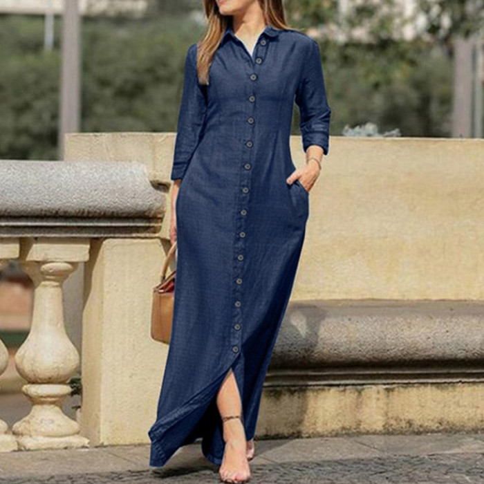 Women Fashion Casual Lapel Long Sleeve Solid Color Maxi Dress