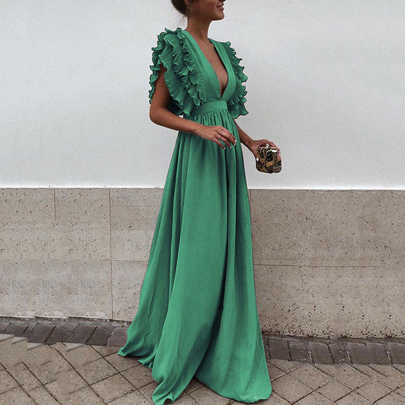 Women Deep V-Neck Elegant Flying Sleeves Backless Maxi Evening Dress