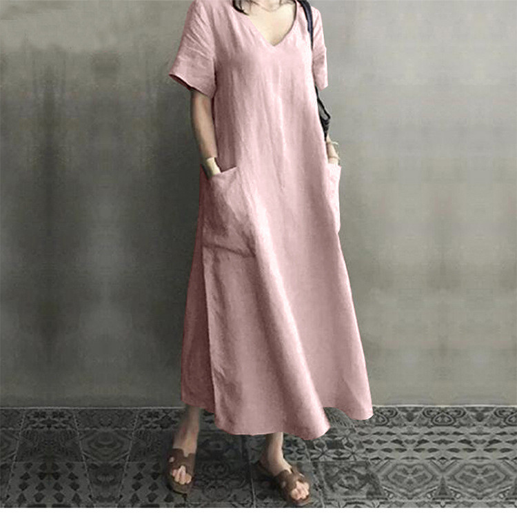 Women Retro Cotton Linen V-neck Loose Short Sleeve Solid Color Maxi Dress