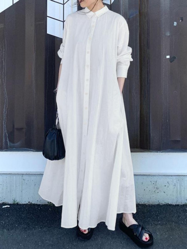 New Commuting Style Solid Color  Long Sleeve Loose Shirt Maxi Dress