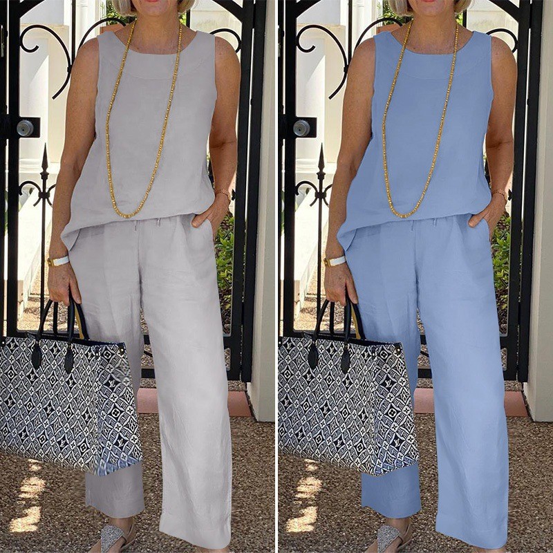 Women's O-neck Vest Wide-leg Loose Pants Casual Elegant Cotton Linen Two-piece Outfits