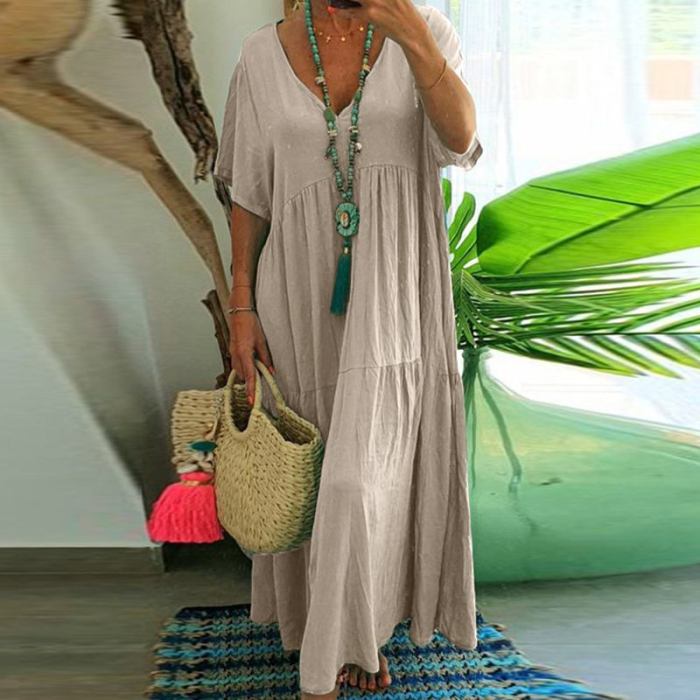 Women V Neck Short Sleeve Casual Loose Solid Color Beach Holiday Long Maxi Dress