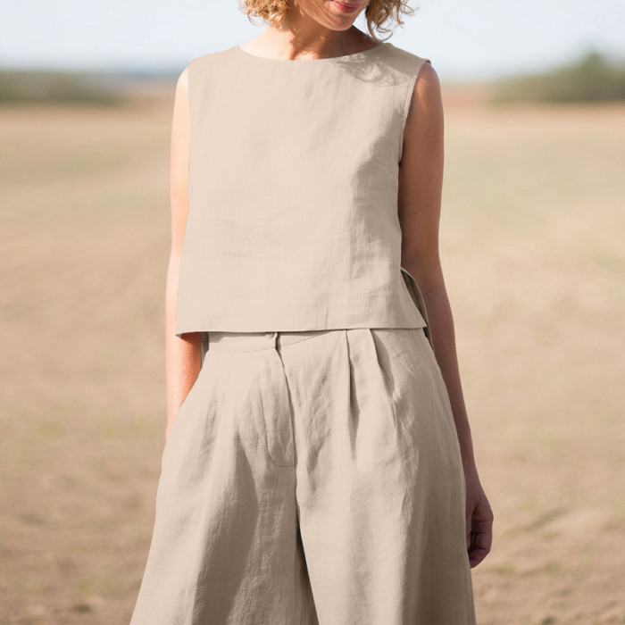 Women's Casual Elegant Cotton Linen Vest Wide-leg Loose Pants Two-piece Outfits