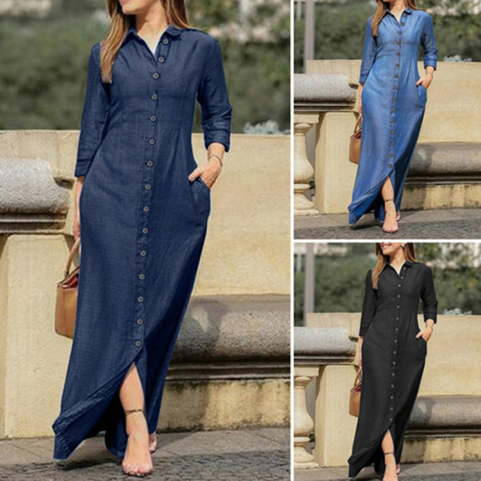 Women Fashion Casual Lapel Long Sleeve Solid Color Maxi Dress