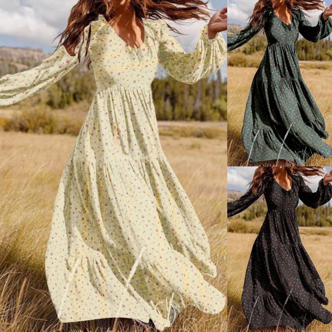 Women Bohemian Loose Floral Print Fashion Casual Long Sleeves Maxi Dress