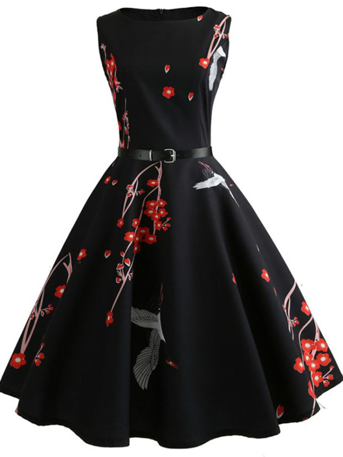 Women Sleeveless Floral Print 1950 Vintage Dress