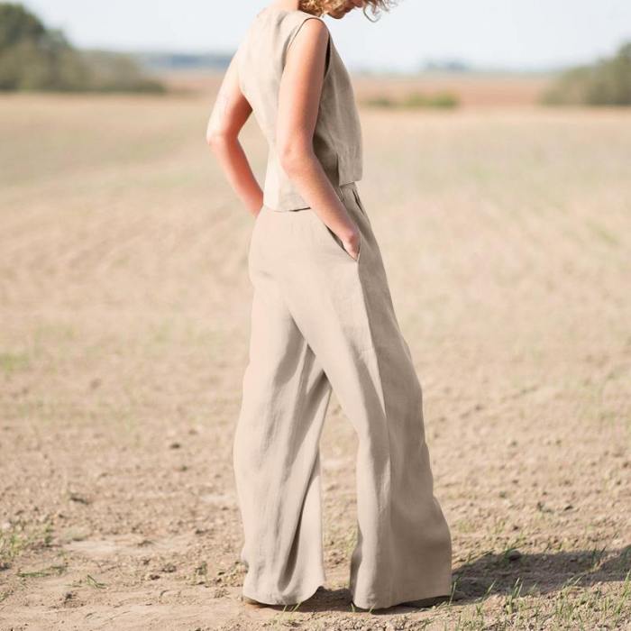 Women's Casual Elegant Cotton Linen Vest Wide-leg Loose Pants Two-piece Outfits