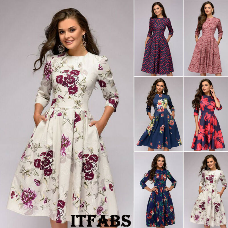 Women Elegant Tunic Floral Print 1950 Vintage Dresses