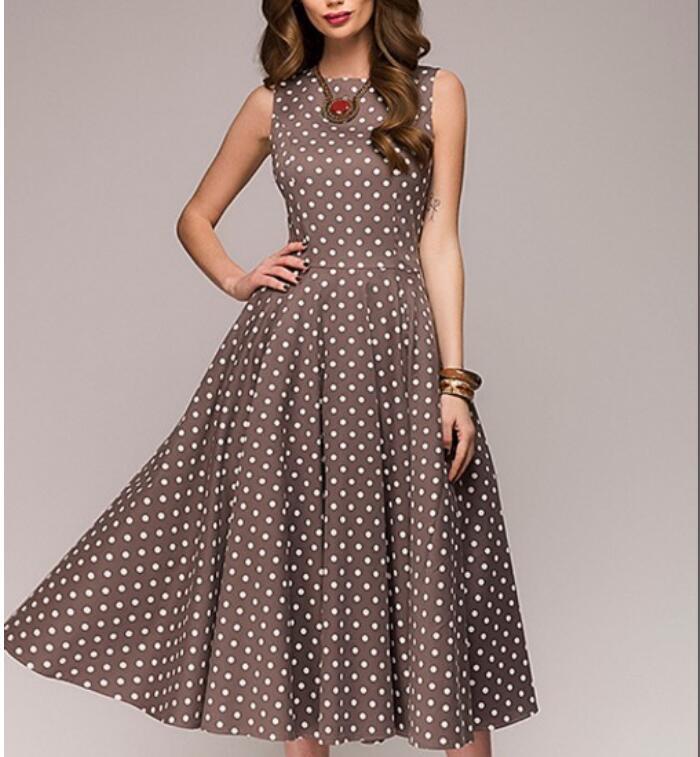 Women Elegant Casual Sleeveless O-neck Dot Print 1950 Vintage Dress