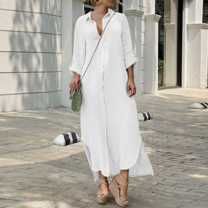 Women's Long Sleeve Elegant Shirt Loose Fashion Cotton Linen Maxi Dress