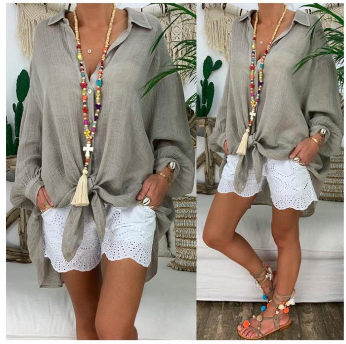 Women Solid Color Cotton Linen Oversized Loose Casual Long Sleeve Shirt