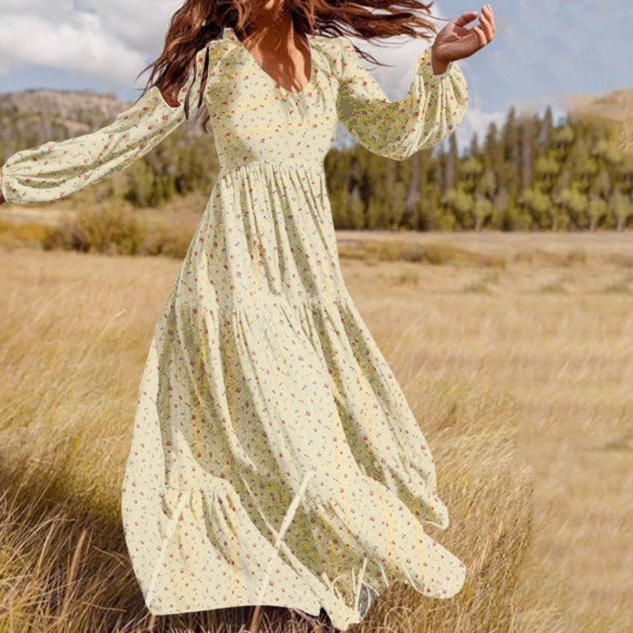 Women Bohemian Loose Floral Print Fashion Casual Long Sleeves Maxi Dress