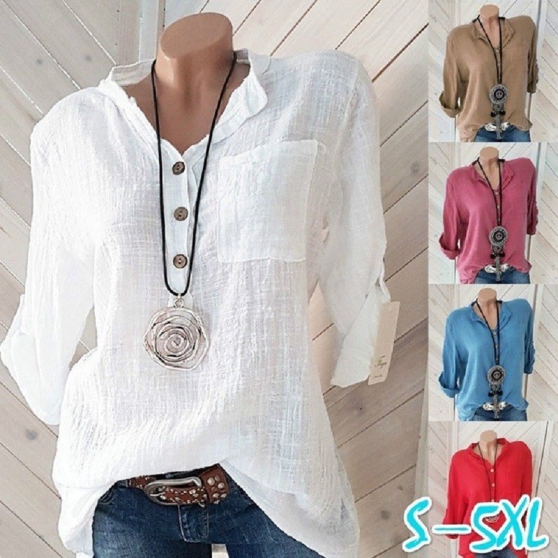 Women Cotton Linen Casual Long Sleeve Button V Neck Loose Shirt