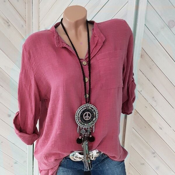 Women Cotton Linen Casual Long Sleeve Button V Neck Loose Shirt