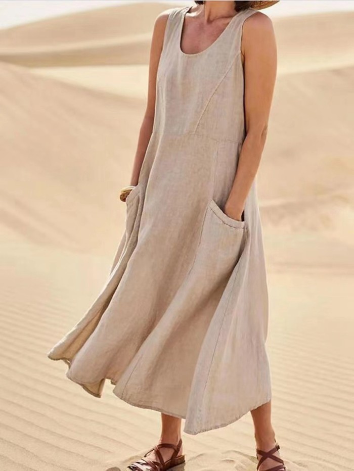 Women's White Sleeveless Pockets Casual Fashion Cotton Large Size Midi Dress