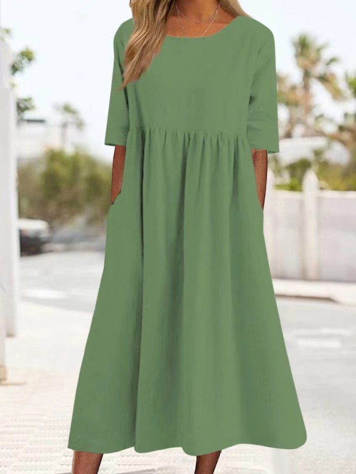 Women's Cotton Oversize O-neck Short Sleeves Elegant Casual Fashion Loose Solid Color Maxi Dress