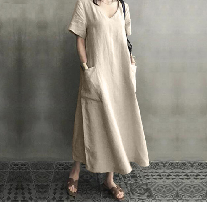 Women Retro Cotton Linen V-neck Loose Short Sleeve Solid Color Maxi Dress