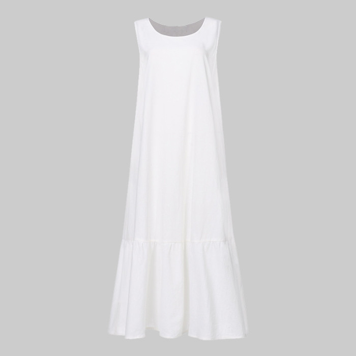 Women's White Vintage Casual Cotton Linen Vest Sleeveless Large Size Loose Maxi Dress