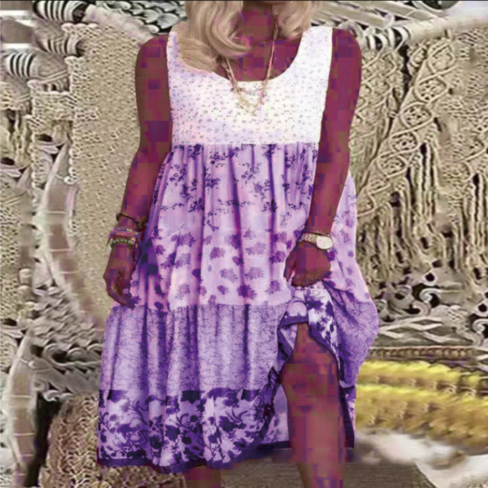 Women Retro Floral Print Casual O Neck Ruffle Sleeveless Dress