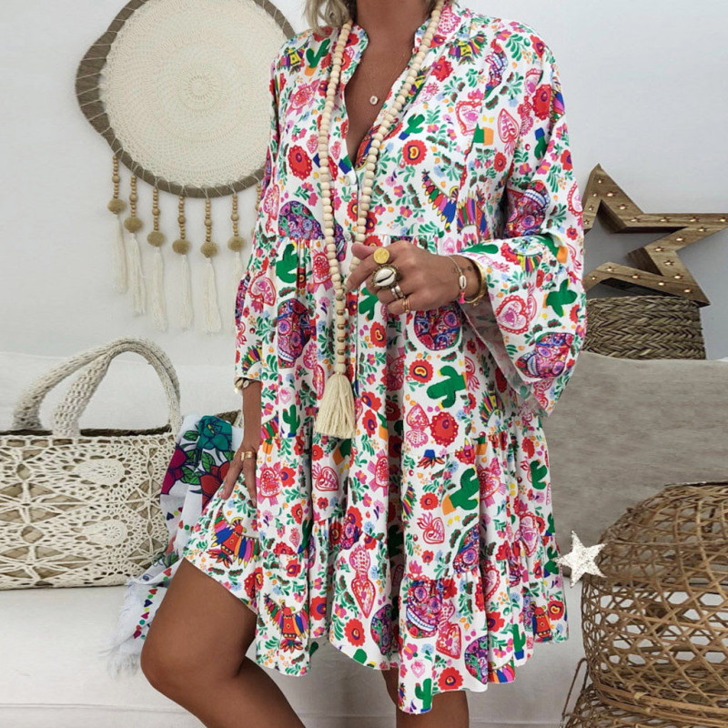 Women Bohimian Flower Print Loose Sexy Beach Long Sleeves Casual Dress