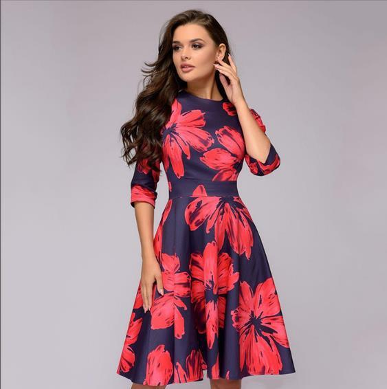 Women Elegant Tunic Floral Print 1950 Vintage Dresses