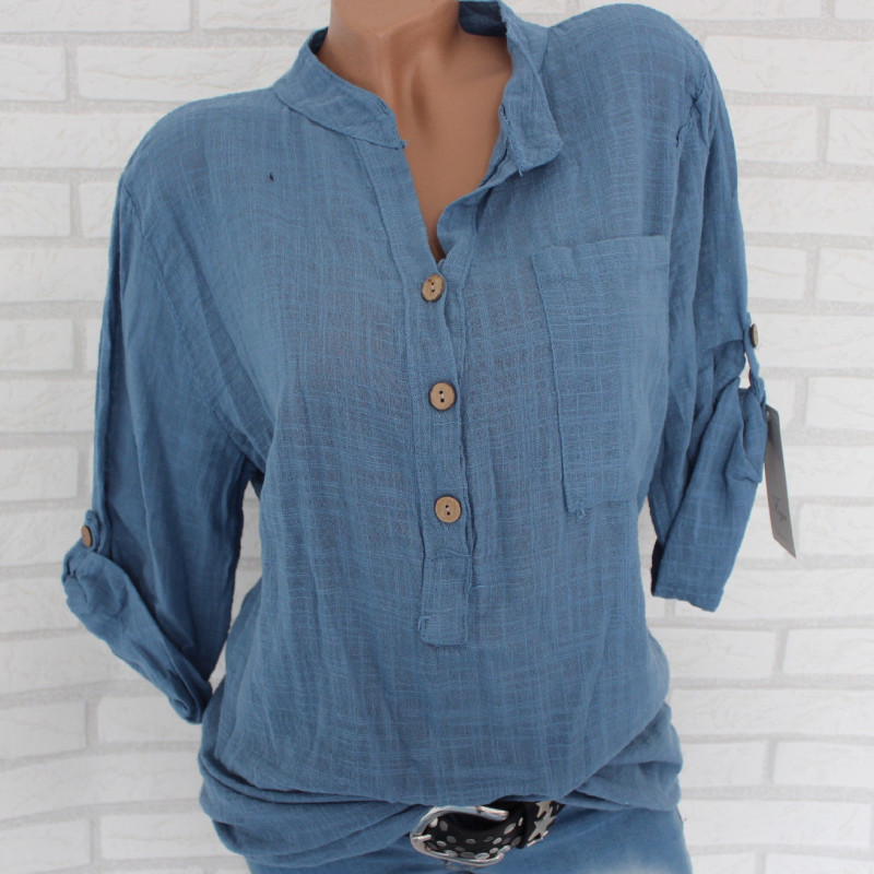 Women Tops Solid V-Neck Casual Cotton Linen Blouse