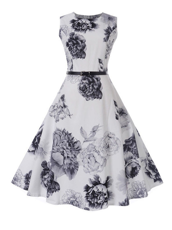 Women Sleeveless Floral Print 1950 Vintage Dress