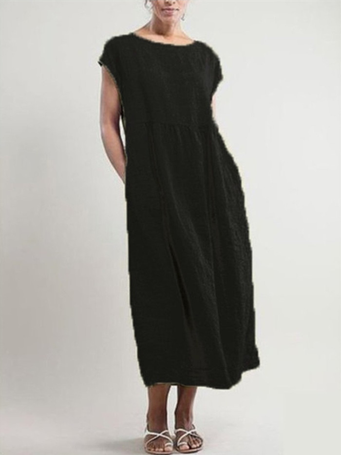 Women Short Sleeve O-Neck Loose Casual Plus Size Solid Color Cotton Linen Midi Dress