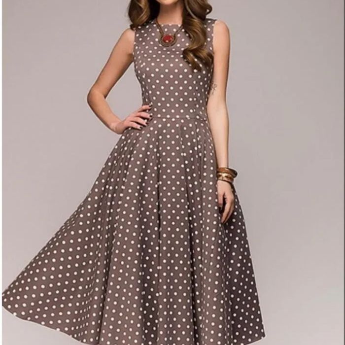 Women Elegant Casual Sleeveless O-neck Dot Print 1950 Vintage Dress