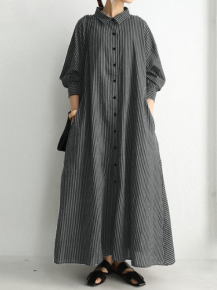 New Commuting Style Solid Color  Long Sleeve Loose Shirt Maxi Dress