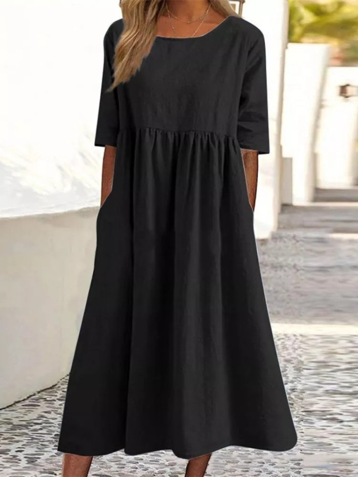 Women's Cotton Oversize O-neck Short Sleeves Elegant Casual Fashion Loose Solid Color Maxi Dress
