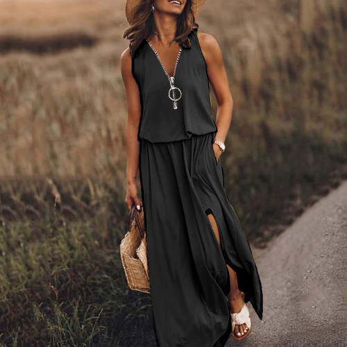 Women's Print V-neck Zippers Sleeveless Casual Elegant Large Size Maxi Dress