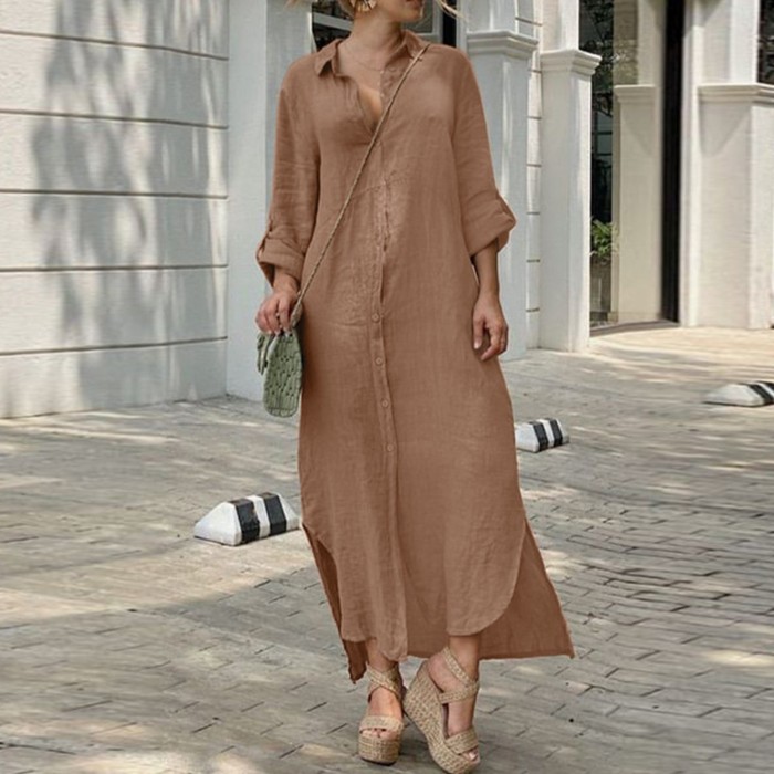 Women's Elegant Lapel Oversize Casual Cotton Linen Solid Color Maxi Dress